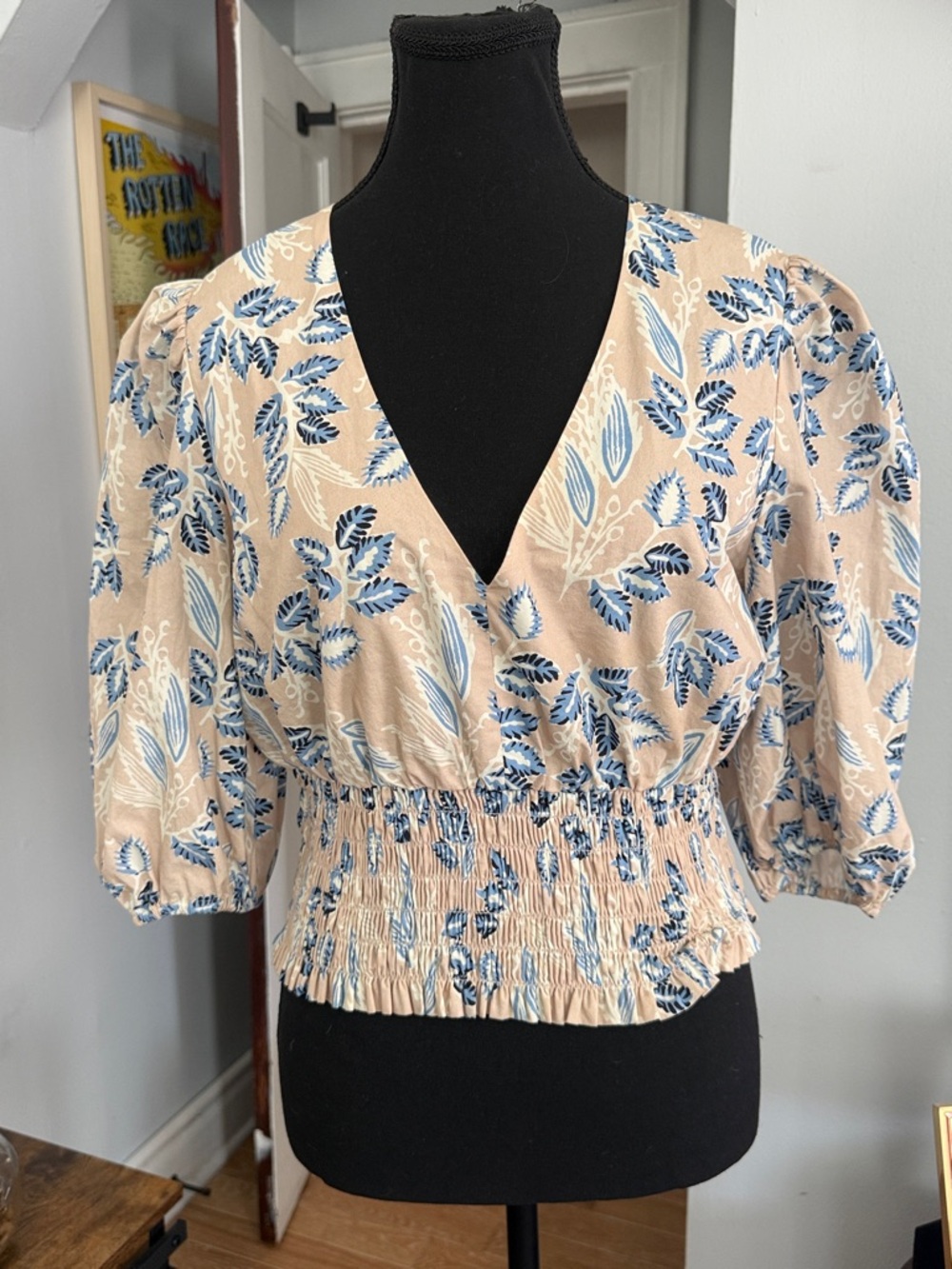 INTERMIX Beige and Blue Floral Smocked V-Neck Blouse